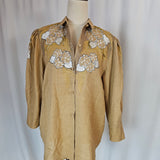 Vintage Mustard Floral Embroidered Blouse – Boho Western Button-Up Shirt M