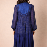 Vintage Adini Quilted Yoke Dress in Midnight Blue & Gold – Made in India (Size S/10)