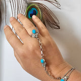 Hand with turquoise ring and bracelet touching a peacock feather on a white background