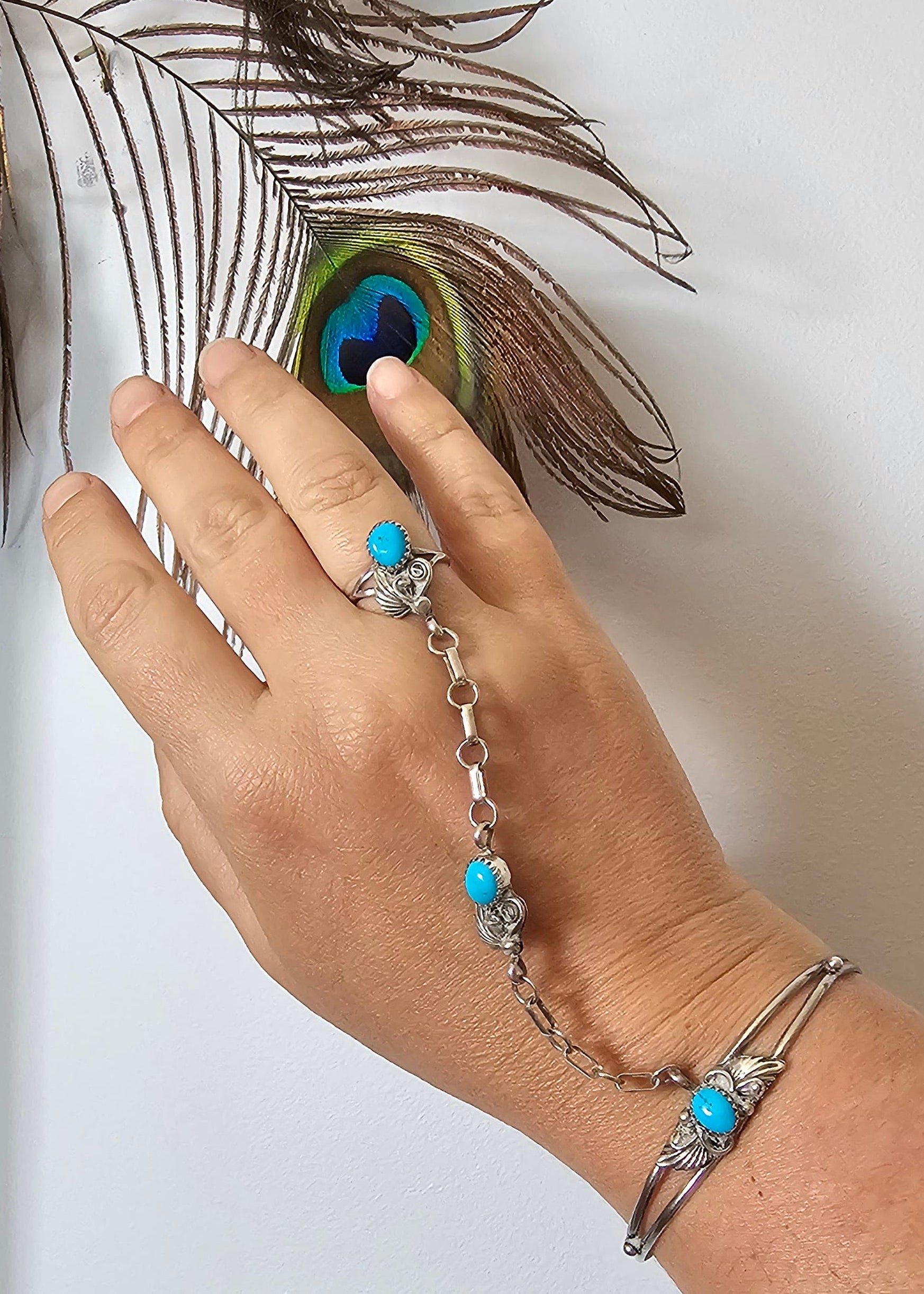 Hand with turquoise ring and bracelet touching a peacock feather on a white background