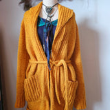 Handmade Mustard Wool Knit Cardigan | Chunky Boho Tie Waist Cardigan | Oversized Artisan Knit