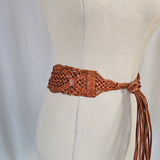 Vintage Tan Woven Leather Tassel Belt – 70s Boho Western Waist Tie