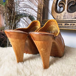 Rear view of Vintage Wild Pair Tan Leather Mules – Size 37 highlighting the sturdy wooden block heels and slip-on back design.
