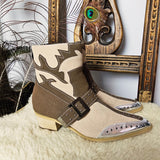 Side profile of Western-Style Block Heel Boots – Size 37 with Western flame motif, studded strap, and metallic toe accents.