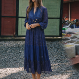 Vintage Adini Quilted Yoke Dress in Midnight Blue & Gold – Made in India (Size S/10)