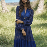 Vintage Adini Quilted Yoke Dress in Midnight Blue & Gold – Made in India (Size S/10)