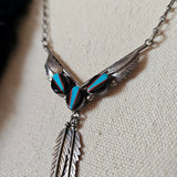 Vintage Zuni Sterling Silver Multi-Stone Inlay Feather Necklace
