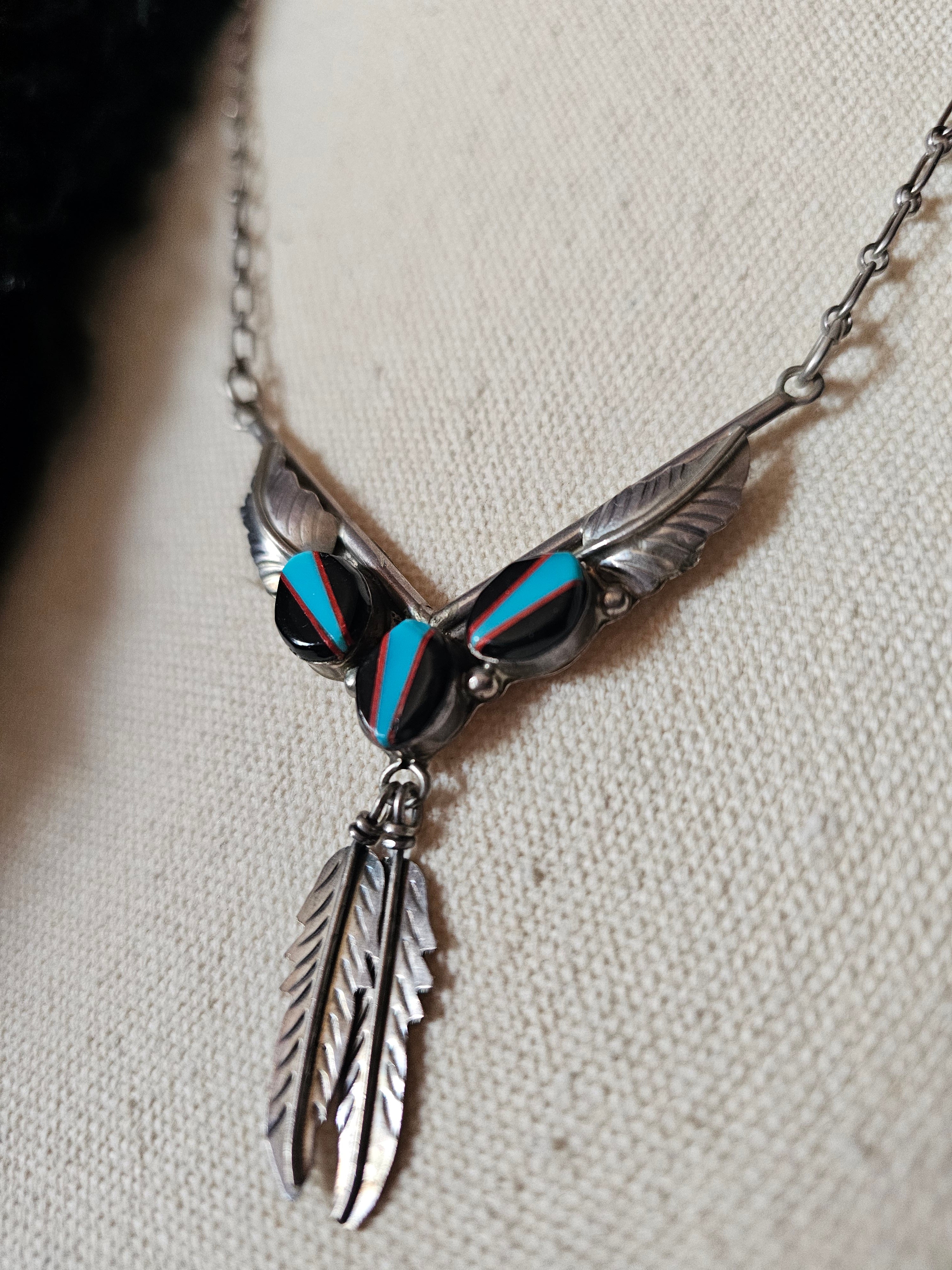 Vintage Zuni Sterling Silver Multi-Stone Inlay Feather Necklace