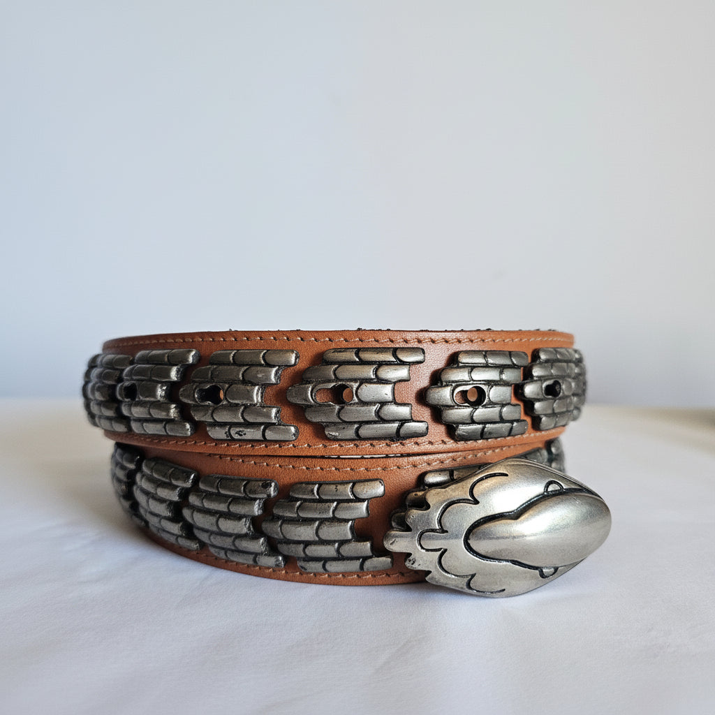Leather snake belt with metal embellishments on a white background