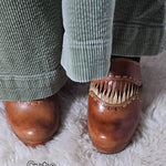 Vintage Wild Pair Tan Leather Mules – Size 37 worn with green corduroy pants, showcasing the retro clog heel style in a casual outfit.