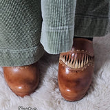 Vintage Wild Pair Tan Leather Mules – Size 37 worn with green corduroy pants, showcasing the retro clog heel style in a casual outfit.