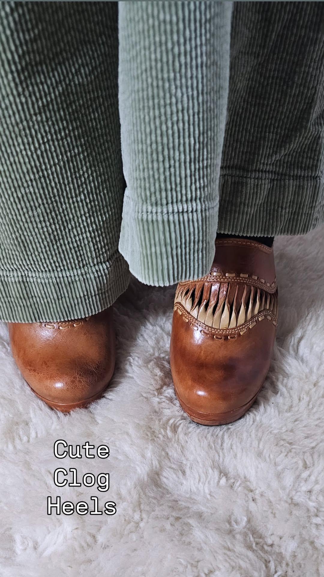 Vintage Wild Pair Tan Leather Mules – Size 37 worn with green corduroy pants, showcasing the retro clog heel style in a casual outfit.