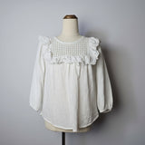 White blouse with lace details on a mannequin against a gray background