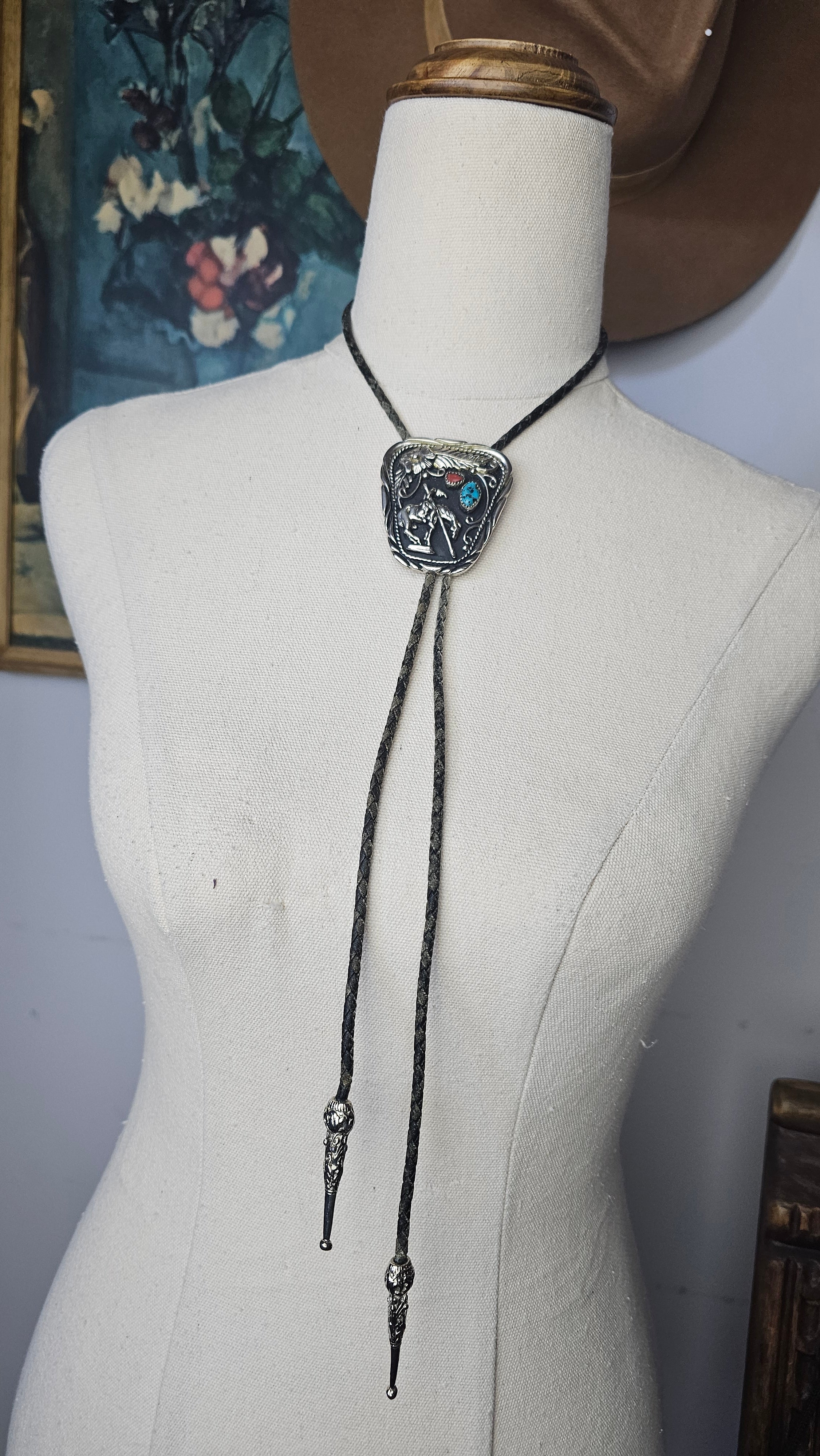 Vintage Bolo Tie – Native Horse & Rider with Turquoise & Coral Inlay