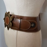 Vintage Wide Leather Belt with Sunflower Buckle L/XXL