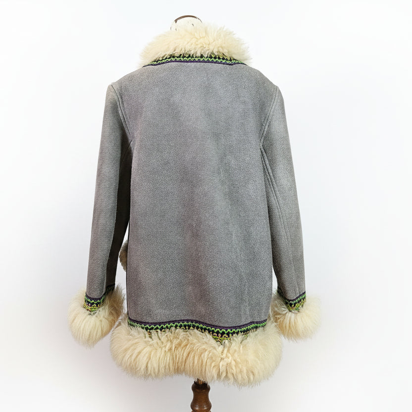 Gray coat with white fur trim on a white background