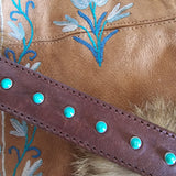 Brown leather belt with turquoise studs 85cm length