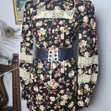 Vintage 60s Black Floral Cotton Folk Mini Dress | Size Small