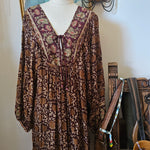 Tree of Life vintage block print dress front view – boho 70s rayon mini dress in plum floral


