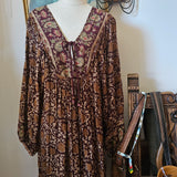 Tree of Life vintage block print dress front view – boho 70s rayon mini dress in plum floral


