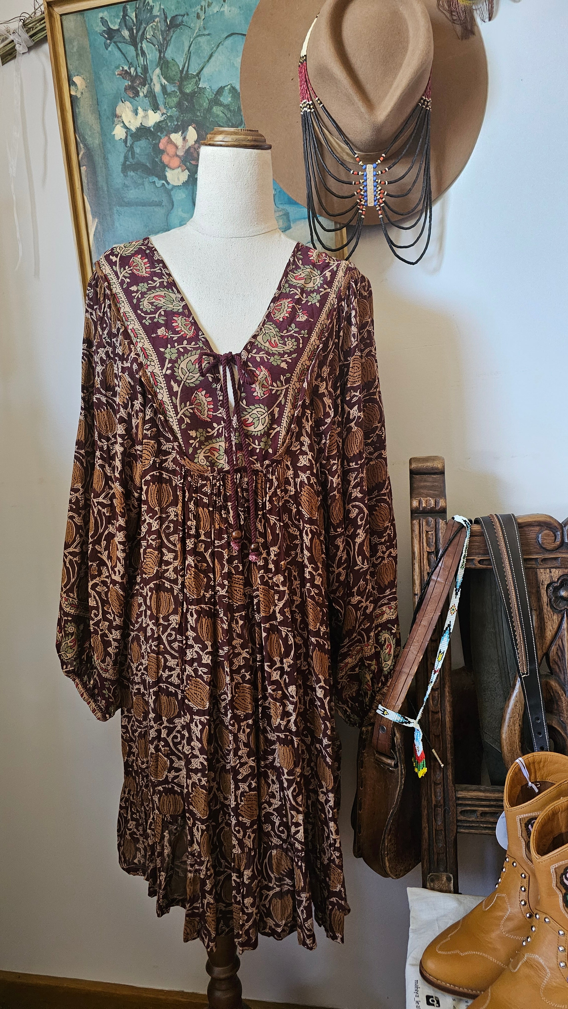 Tree of Life vintage block print dress front view – boho 70s rayon mini dress in plum floral


