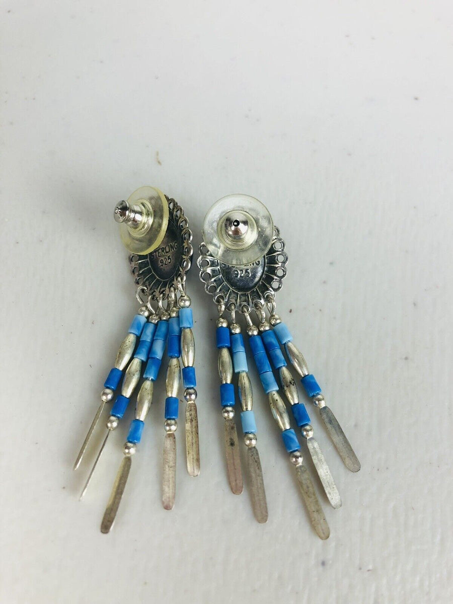 Vintage Sterling Native American South Western Denim Lapis Concho Drop Earrings