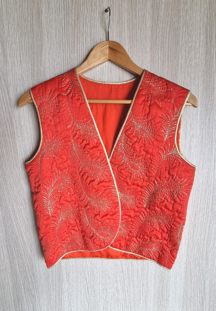 Red Quilted Vest Gold Feather Embroidery Size Small/M