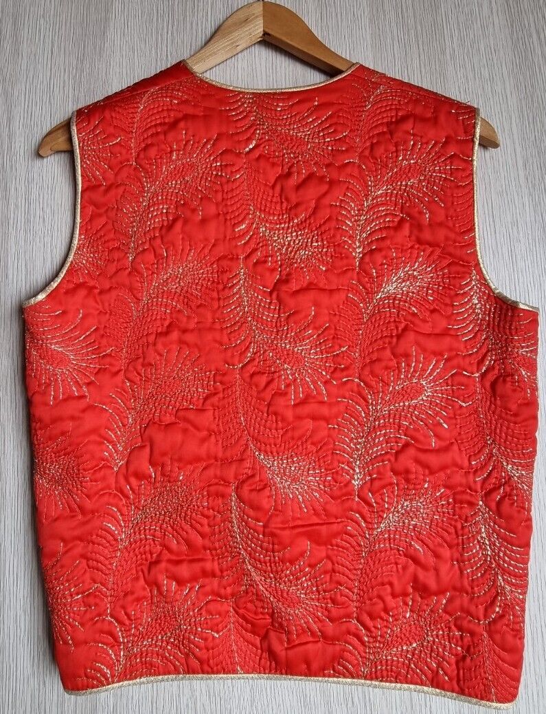 Red Quilted Vest Gold Feather Embroidery Size Small/M