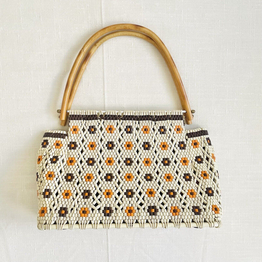 Vintage 70's 80's Womens Floral Structured Handbag Plastic Woven