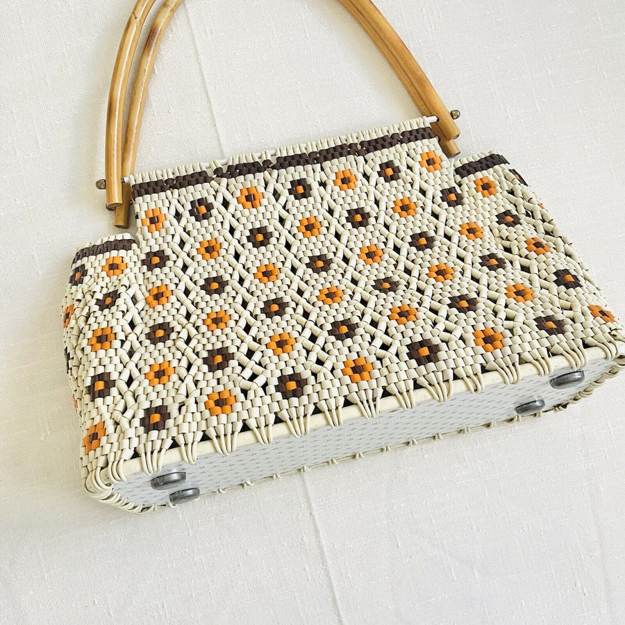 Vintage 70's 80's Womens Floral Structured Handbag Plastic Woven