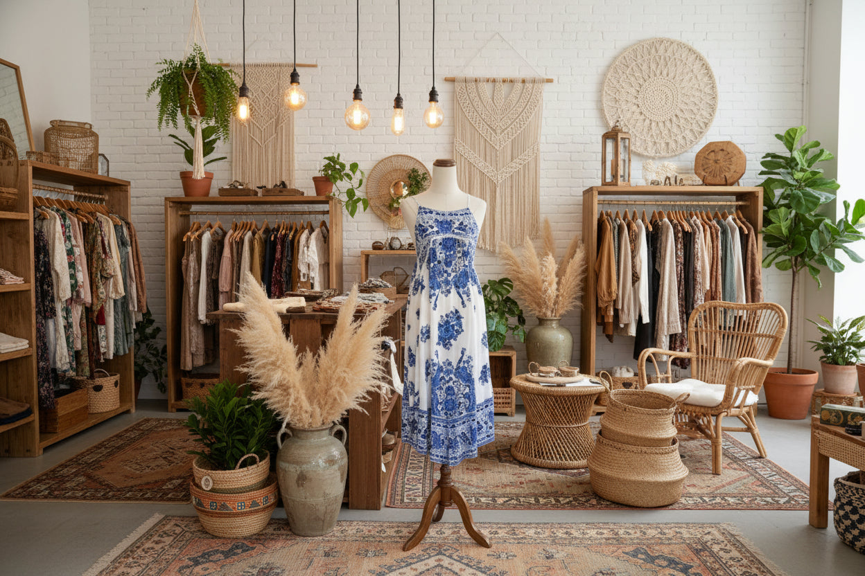 White dress with blue floral pattern on a mannequin against a white background