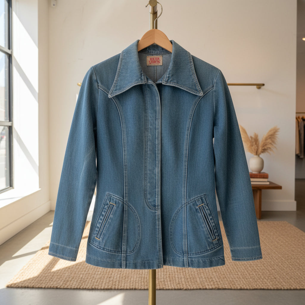 Blue denim jacket on a white background