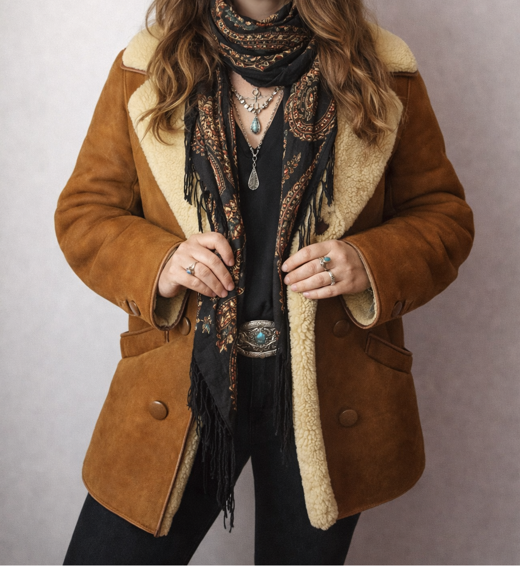 Woman wearing a brown coat with shearling lining, hat, and scarf against a plain background