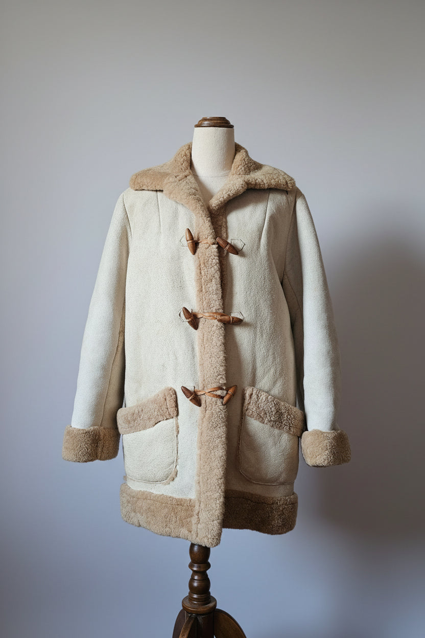 Beige coat with brown fur trim on a mannequin against a neutral background