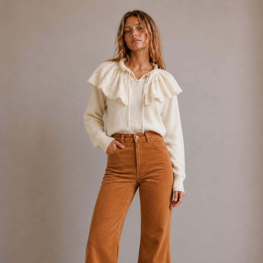 Woman wearing a white blouse with ruffled details and brown flared pants against a plain background