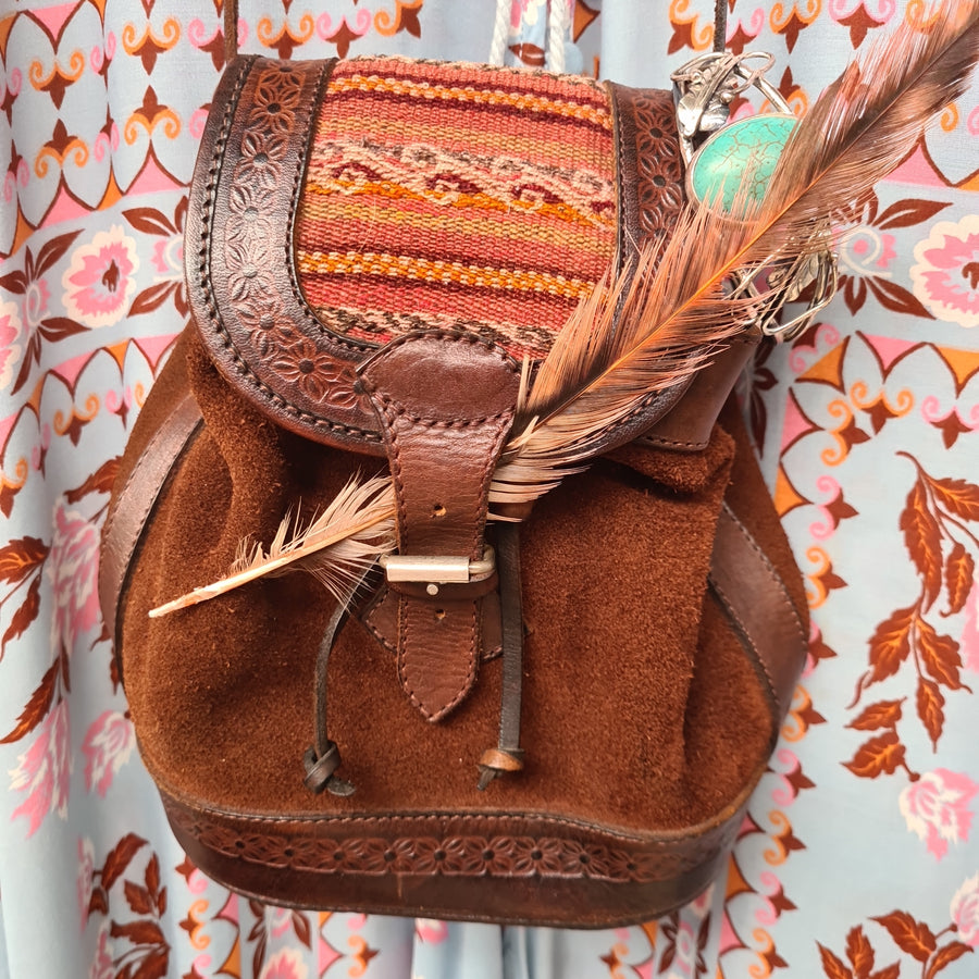 Tooled leather bohemian woven drawstring crossbody bag shoulder bag