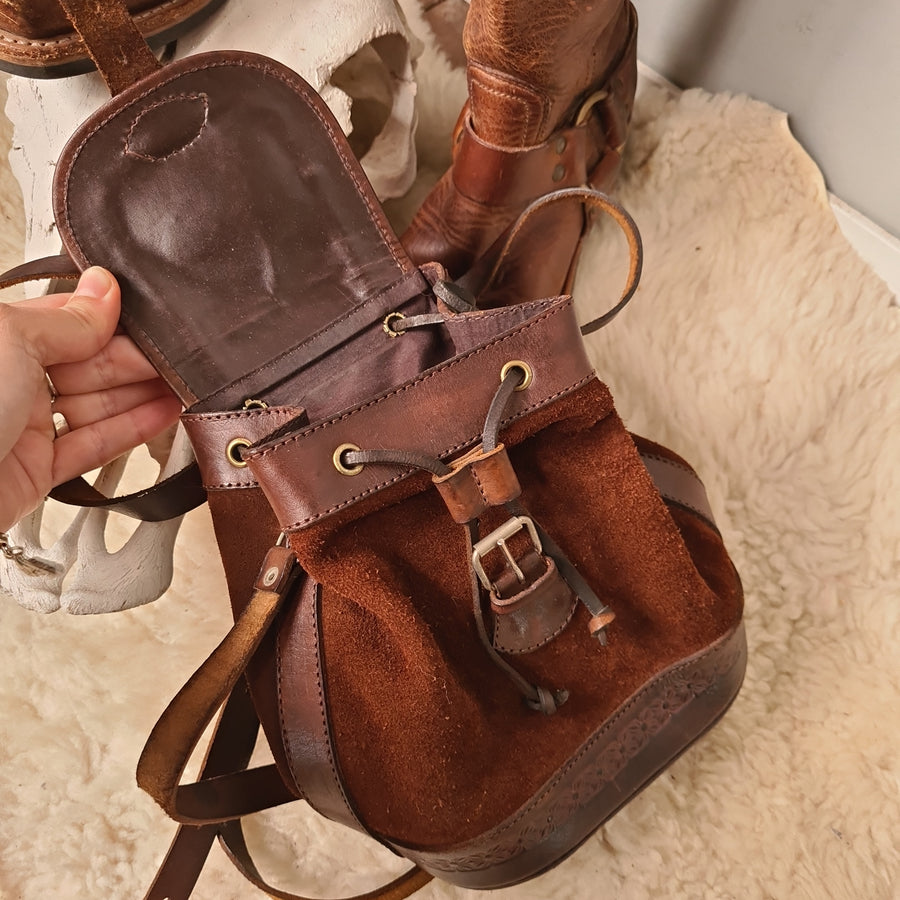 Tooled leather bohemian woven drawstring crossbody bag shoulder bag