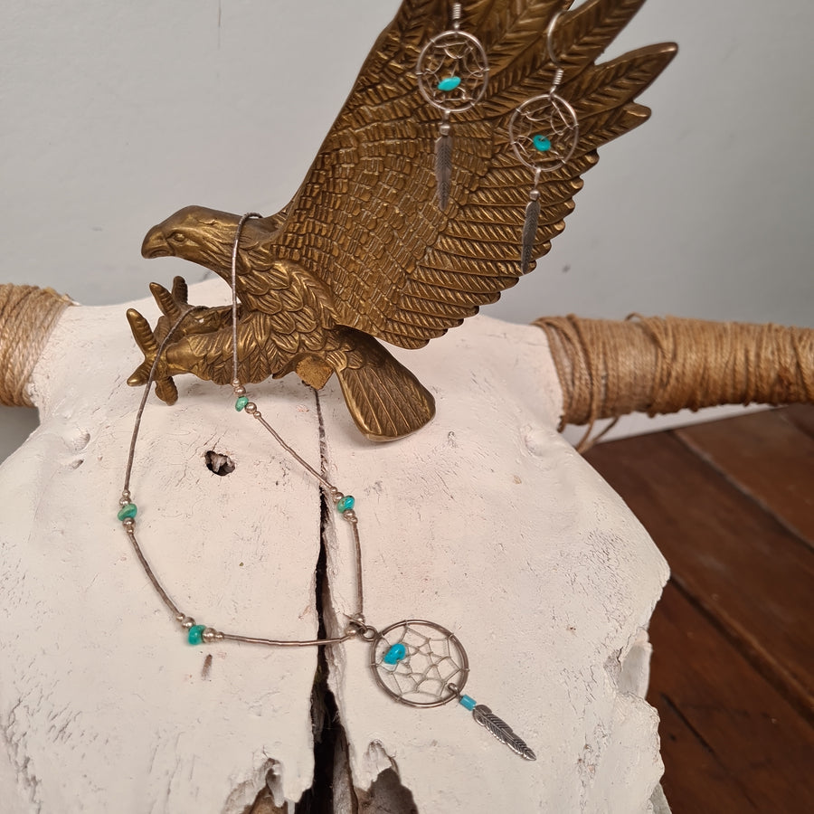 Navajo Dreamcatcher Earrings Liquid Silver Necklace & Turquoise Stone
