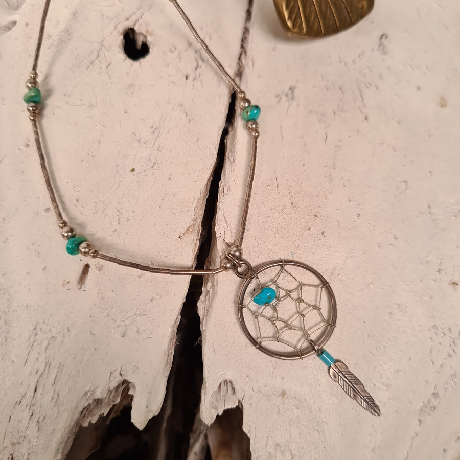 Boucles d'oreilles Navajo Dreamcatcher Collier Argent Liquide &amp; Pierre Turquoise