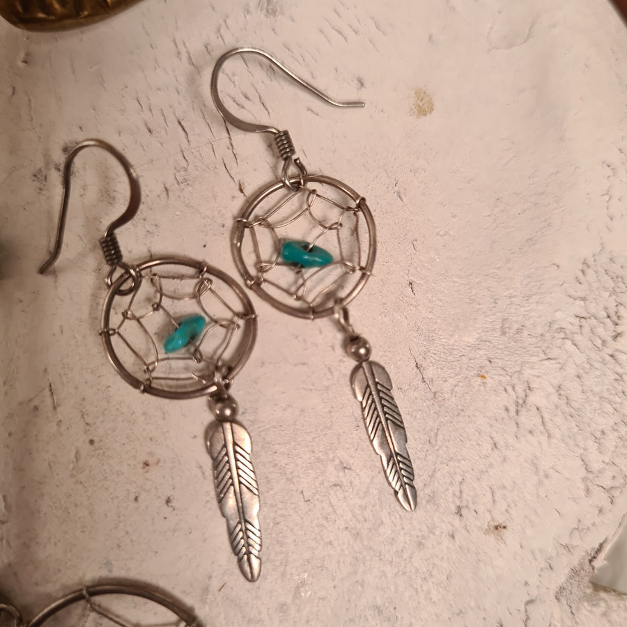 Boucles d'oreilles Navajo Dreamcatcher Collier Argent Liquide &amp; Pierre Turquoise