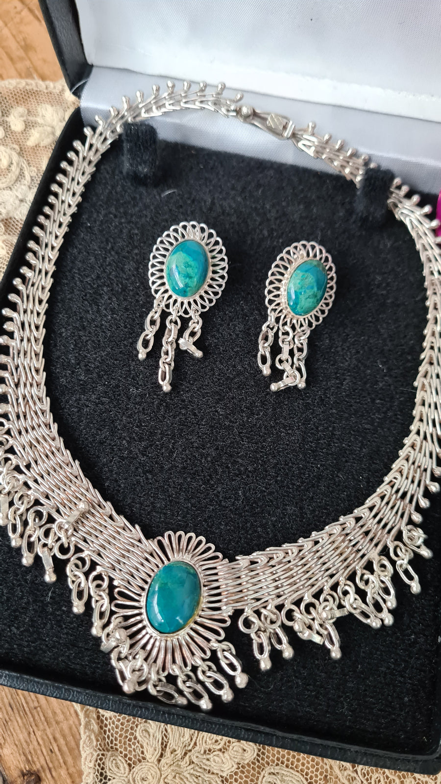 Vintage Art Deco sterling silver fine jewelry set Turquoise stones - Devils the Angel