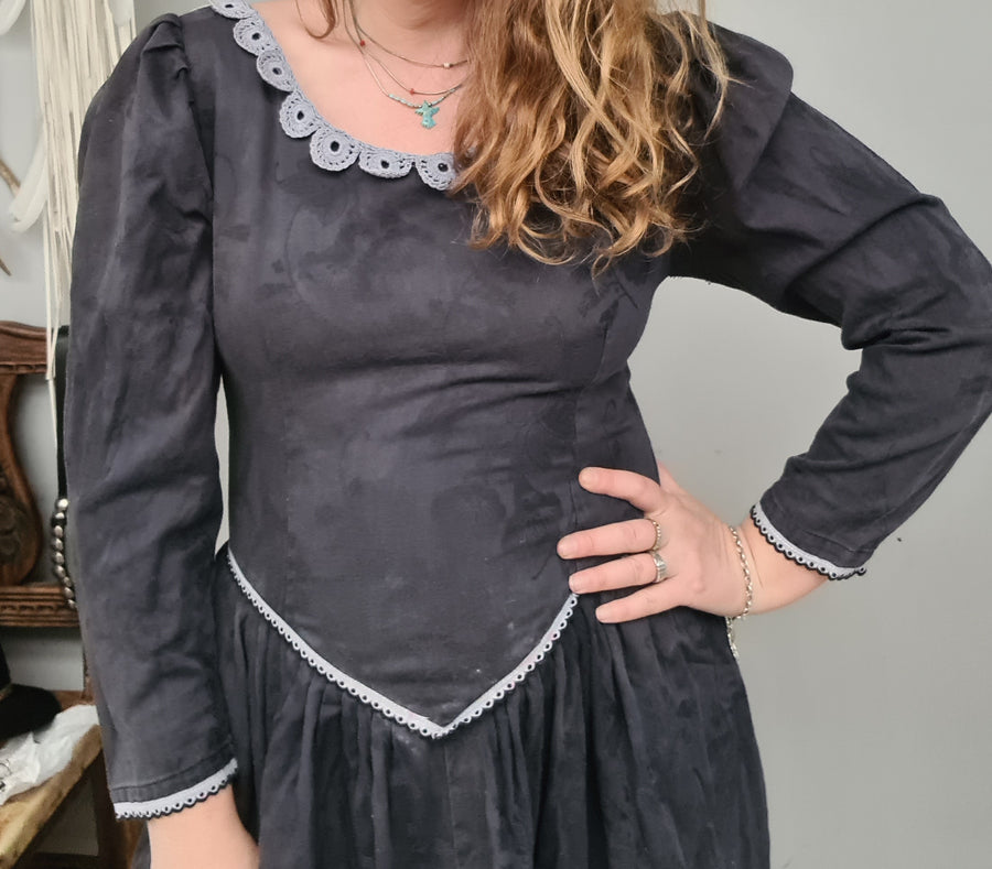 Vintage 1970s Adini black/navy & blue prairie dress made in India - Devils the Angel