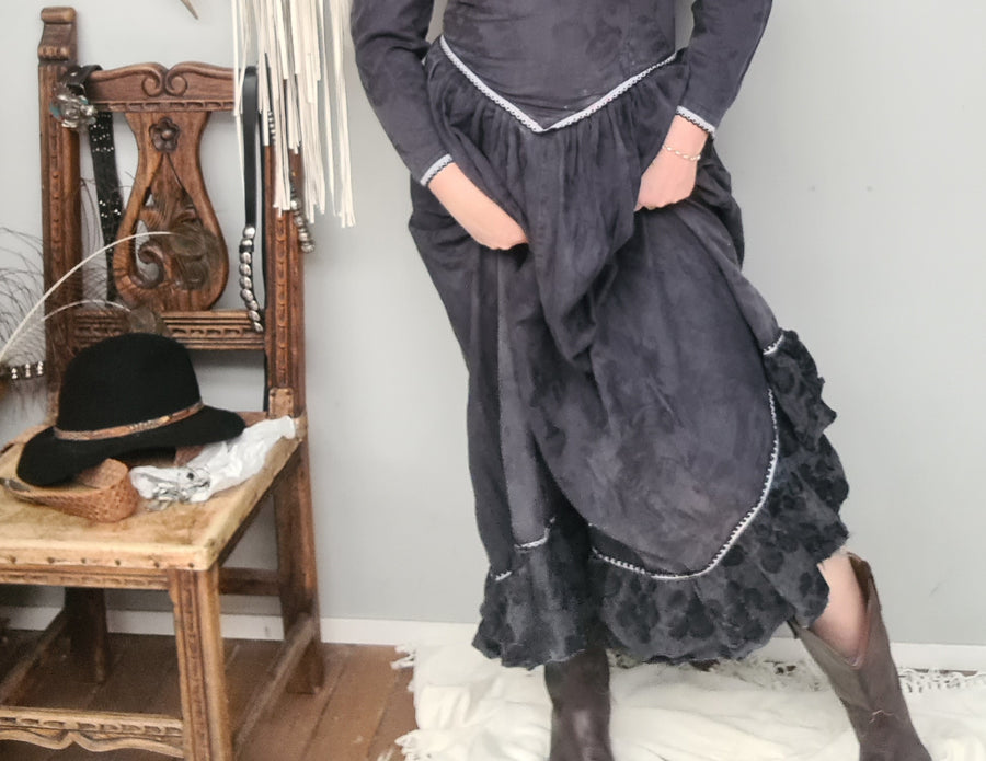 Vintage 1970s Adini black/navy & blue prairie dress made in India - Devils the Angel